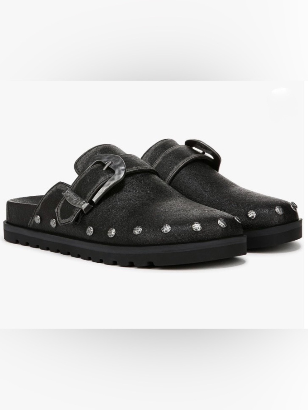 Stud-Trim Black Buckle Mule Slides Size 8.5